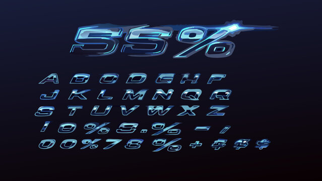 Futuristic blue font set displaying percentage and alphanumeric characters