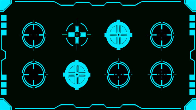 Abstract geometric shapes resembling targeting systems on a black background