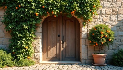 Fototapeta premium Rustic wooden double doors set in stone wall entrance. Green ivy covers archway, potted orange tree bears fruit. Cobblestone path leads to old home exterior.