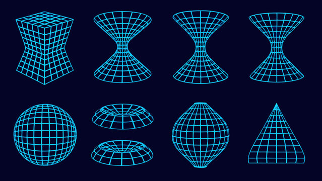 Neon blue geometric shapes cubes cones spheres and warped forms