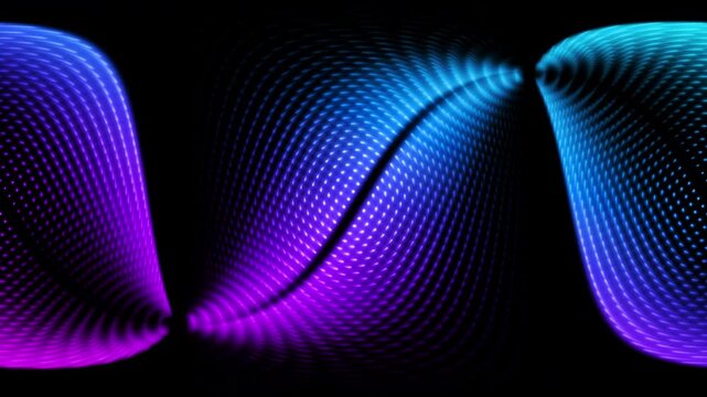 An abstract metamorphosis of a multitude of flashing gradient neon dots in purple, pink, and blue on a black background. A geometric transform pattern with flickering lights. 4K looped animation 60fps