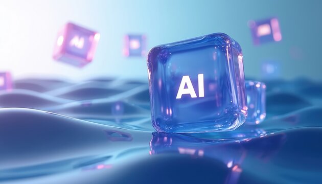 Blue cubes with AI text float on wavy water surface. Digital abstract concept with transparent geometric shapes. Futuristic tech background with glowing particles. Modern innovation idea visualized.