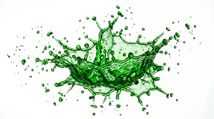 Naklejka premium Vibrant emerald green liquid splash with crystal water droplets, artistic lime fluid motion splatter isolated on white, transparent texture graphic element for beverage and juice concept.