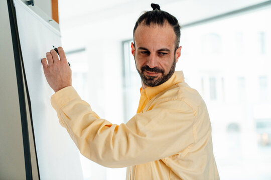 Developer writing on flipchart during business meeting indoors
