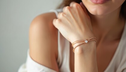 Fototapeta premium Woman wears thin gold chain bracelets with crystal accent on wrist. Simple fine jewelry adorns delicate female arm. Closeup detail shot shows elegance and style, perfect for fashion.