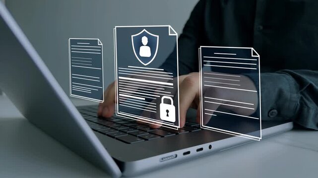 Documents confidentiality,cyber security protection concept. Software for security, searching and managing corporate document and employee information.Protecting herself from cyber attacks. 