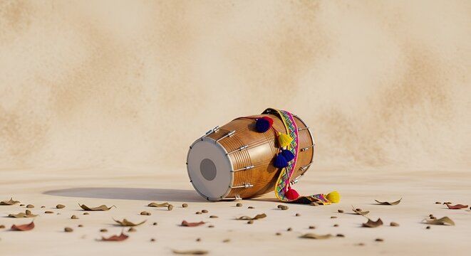Traditional indian dholak drum with colorful tassels