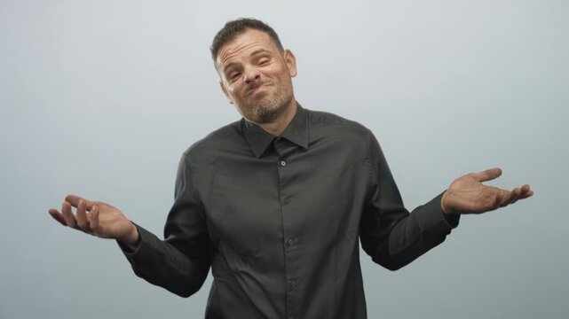 Man shrugging with palms up and bare hands visible in studio, wearing dark button shirt, centered torso and expressive face; uncertainty bemusement.