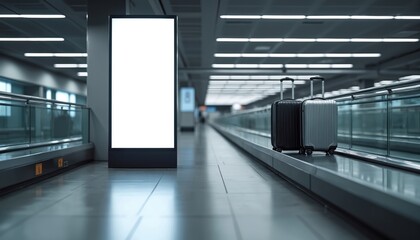 Fototapeta premium Blank digital screen stands near moving suitcases on airport conveyor belt. Modern terminal interior with empty space for ads. Business travel commercial advertising concept.