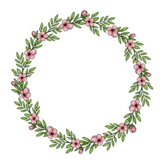 Fototapeta premium Circular floral wreath with delicate pink flowers and green leaves white background floral design hand drawn circular decoration botanical