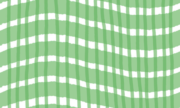 Abstract green and white wavy checkered pattern background with hand drawn brush stroke texture