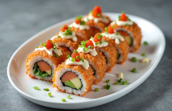 Crispy sushi rolls arranged on a white platter. The rolls feature salmon avocado and greens inside with creamy topping and red roe. Garnished with chives.