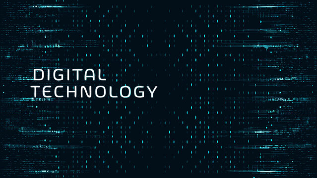 Digital technology background with cascading binary code and glowing text