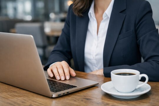 Businesswoman working on laptop with coffee in modern office. Ai generative
