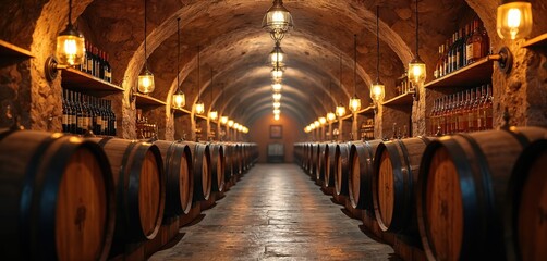 Fototapeta premium Old wine cellar with rows of wooden barrels, bottles on shelves. Warm lighting illuminates stone arched ceiling, rustic interior, creating vintage ambiance for wine storage, tasting experiences.