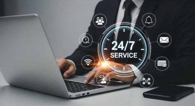 Person using laptop with holographic 24/7 service icons displayed around it