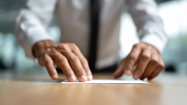 Hands prepare a blank card on the table in a busy office setting