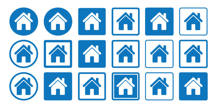 Blue home icon collection for real estate website interface and property management software design.