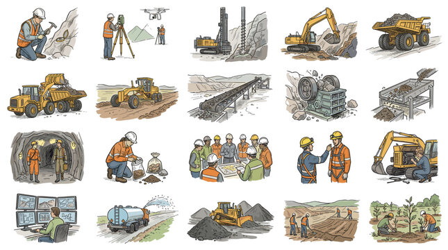 Set of 20 sketch style open pit and surface mining scenes featuring heavy machinery, excavators, dump trucks, bulldozers, workers and quarry operations on white background.