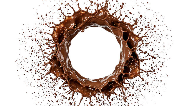 Circular swirl of liquid dark chocolate splash with droplets and ripples isolated on a transparent background, perfect for dessert packaging, cocoa beverage advertisement, or food design.