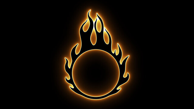Fire ring. Flaming circle. Orange neon. Hot blaze. Energy symbol. Burning light. Fire silhouette. Glowing outline. Heat intensity. Power element.