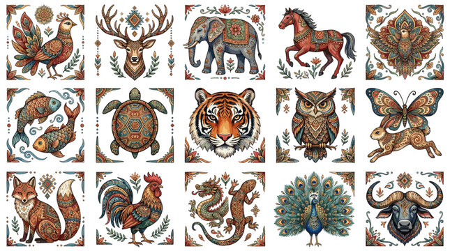 Set of 15 ornate folk art animal tiles featuring tiger, elephant, horse, peacock, owl, fox, rooster and more in vibrant ethnic decorative style on white background.