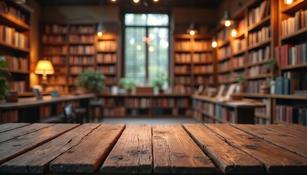 Wooden table in foreground, cozy bookstore with packed shelves in background. Warm lighting creates inviting atmosphere for reading or study. Natural light filters through window.