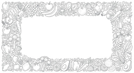 Obraz premium Hand Drawn Fruit and Vegetable Frame Border Sketch, Organic Food Illustration with Copy Space for Menu or Grocery Store