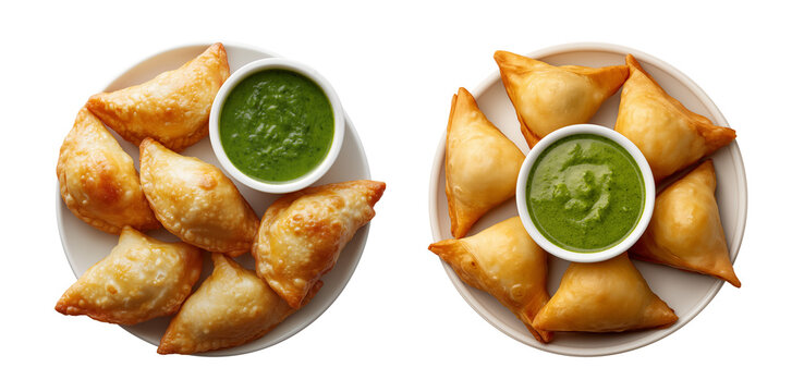 Fried Samosa with sauce on a white plate isolated