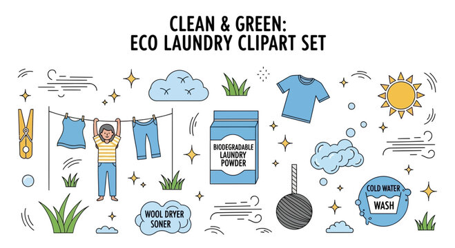 Ecothemed laundry clipart set with person clothing sun clouds cleaning supplies wind lines and grass icons on a white background