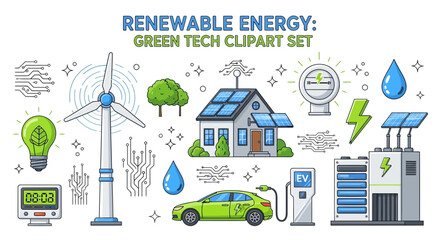 Renewable energy themed icons including wind turbines solar panels an electric vehicle a charger and circuit patterns © Faisal