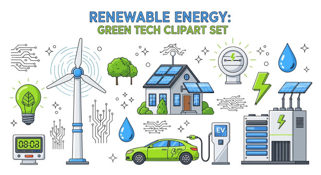 Renewable energy themed icons including wind turbines solar panels an electric vehicle a charger and circuit patterns