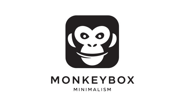 Monkey head icon with minimal face, whiskers and ears in a rounded black square for branding and app logos