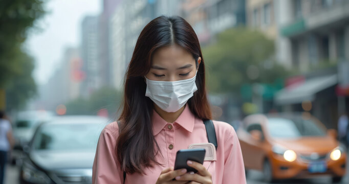 Young woman in medical face mask uses smartphone on city street. Checks air quality app. Concerned about smog pollution. Uses mobile tech for health.