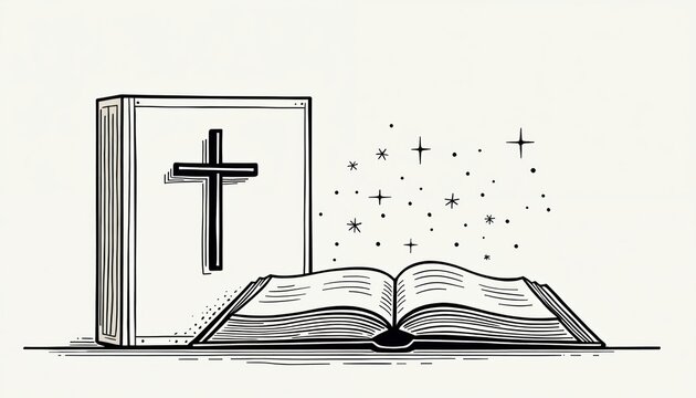 Line art illustration features an open bible and a closed holy book with a cross. Small stars and dots surround the books, suggesting divine light or inspiration.