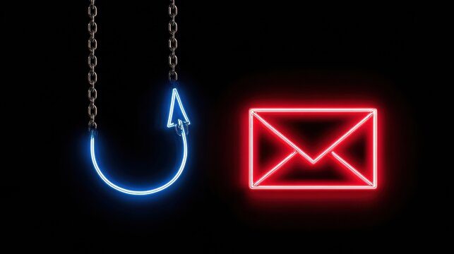 Email Phishing Hook Concept Shows Fishing Hook With Envelope Icon Against Dark Background With Warning Colors Highlighting Digital Crime