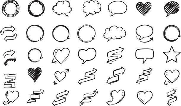 Sketch line arrow element, star, heart shape. Hand drawn doodle sketch style circle, cloud speech bubble grunge element set. Arrow, star, heart brush decoration. Vector illustration