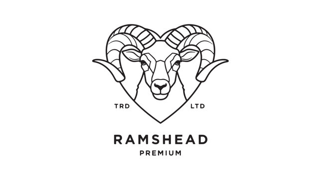 Ram head premium logo icon with curved horns and heart shape outline for branding and farm label design