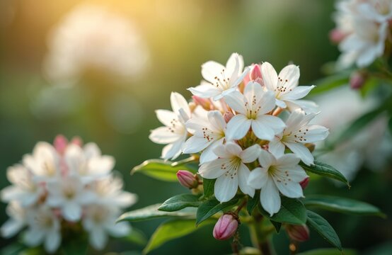 White abelia flowers bloom in soft sun. Delicate petals open on green shrub with small pink buds. Nature garden closeup shows fresh floral detail.
