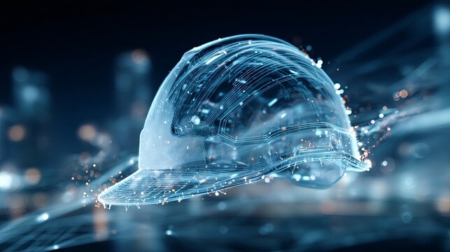 A futuristic digital hard hat with glowing lines and dots floating in a dark cityscape at night