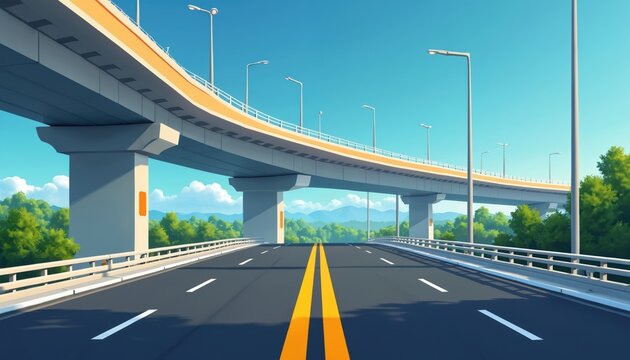 Modern overpass highway with streetlights. Asphalt road with lane markings curves through green trees. Blue sky above elevated structure for car travel.