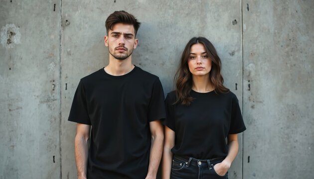 Young man and woman stand together wearing black t shirts against rough concrete wall background. They look serious with neutral expressions, posing casually for a portrait shot outdoors.