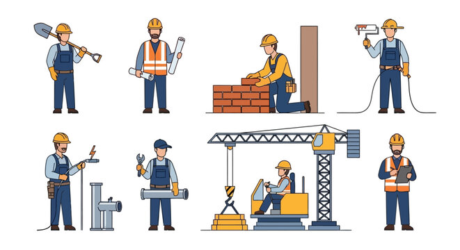 Construction Worker Character Set with Professional Builder, Engineer, Painter, Welder, Plumber, Crane Operator and Site Inspector Icons in Flat Vector Style.