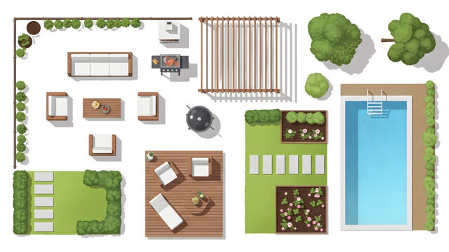 Top View Backyard Elements Vector Set Patio Furniture Grill Pergola Pool Garden Layout Modern Flat Design Soft Colors Minimal Shadows