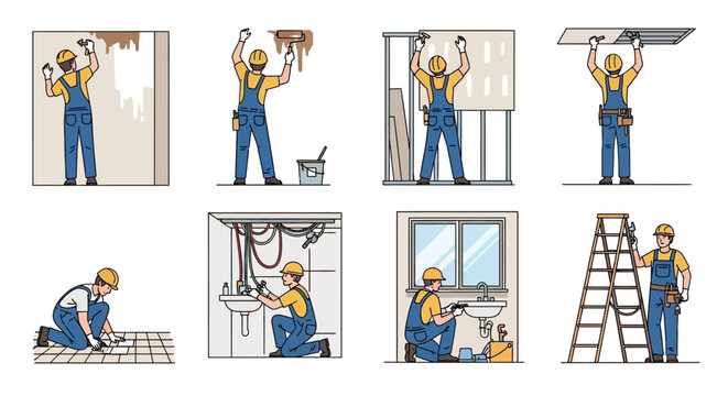 Professional Construction Worker and Handyman Set Performing Home Renovation Tasks Including Plumbing Painting Tiling Electrical Work and Drywall Installation