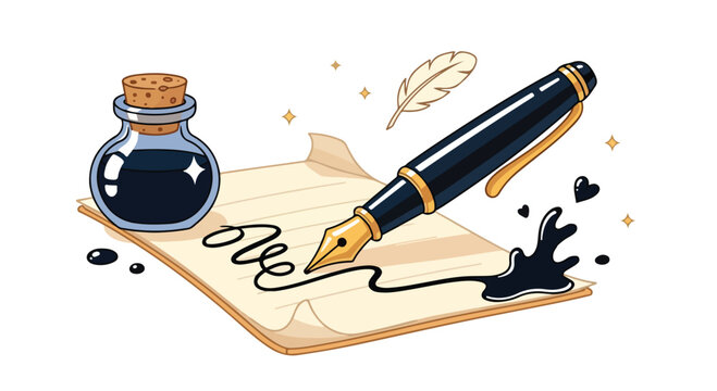 Creative writing scene with a fountain pen, ink bottle, and handwritten notes on paper for artistic and educational use