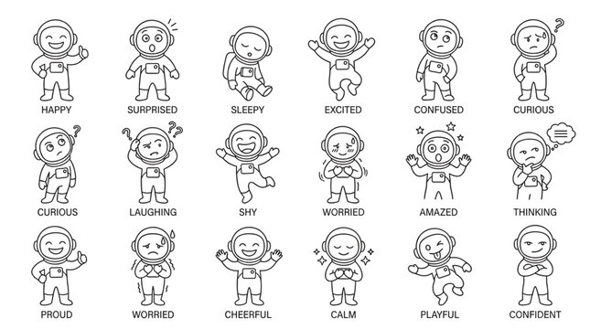 Outline astronaut emotion character vector set with labels. Cute spaceman showing proud, worried, cheerful, calm, playful, confident, laughing and more. Great for kids stickers and education design.