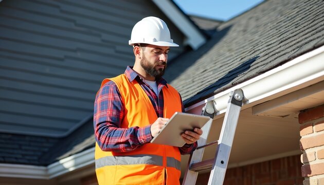 Man in hard hat and safety vest uses tablet on ladder checking house roof and gutter. Roofer inspects exterior building for repair, maintenance service. Tech work.
