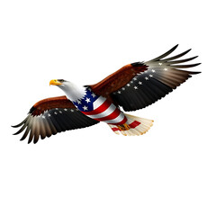 Fototapeta premium American bald eagle flying with wings spread featuring a flag inspired design in a clean png