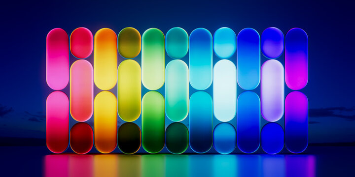 3D rainbow capsule grid with glowing column and vivid spectrum